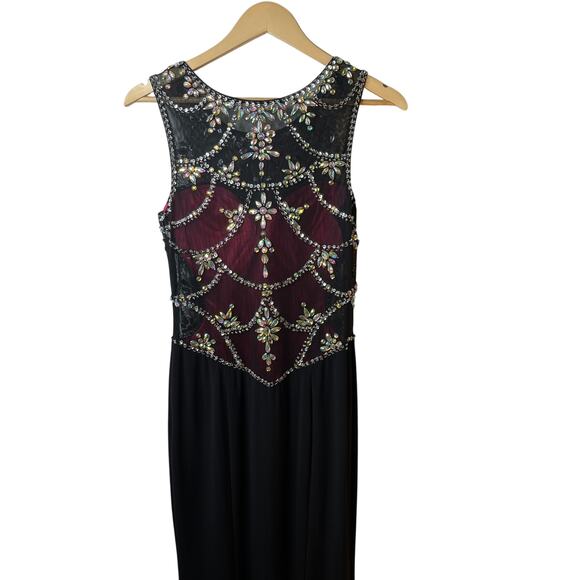 Betsy & Adam Illusion Low Back Prom Evening Gown with Crystal Beading and Mesh - Picture 9 of 14